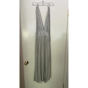 ILLA ILLA Striped Wide Leg Jumpsuit S Gray White Boho Open Back Halter Smocked